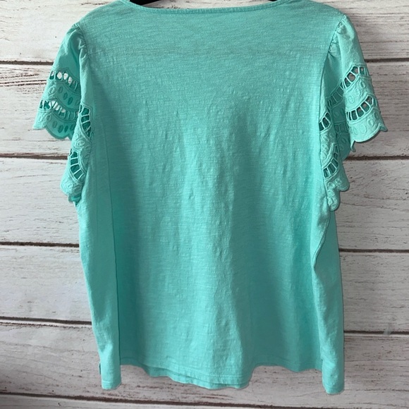 St. John’s Bay Petite Large Eyelet Sleeve Tee 100% Cotton Mint Green Lightweight - Picture 2 of 5